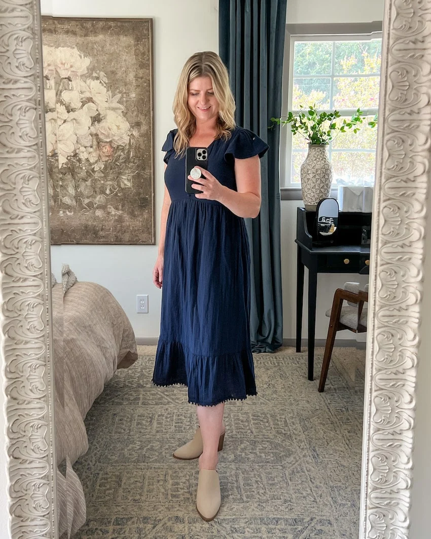 Navy Tiered Midi Dress with Pom-Pom Trim — Postpartum Outfits