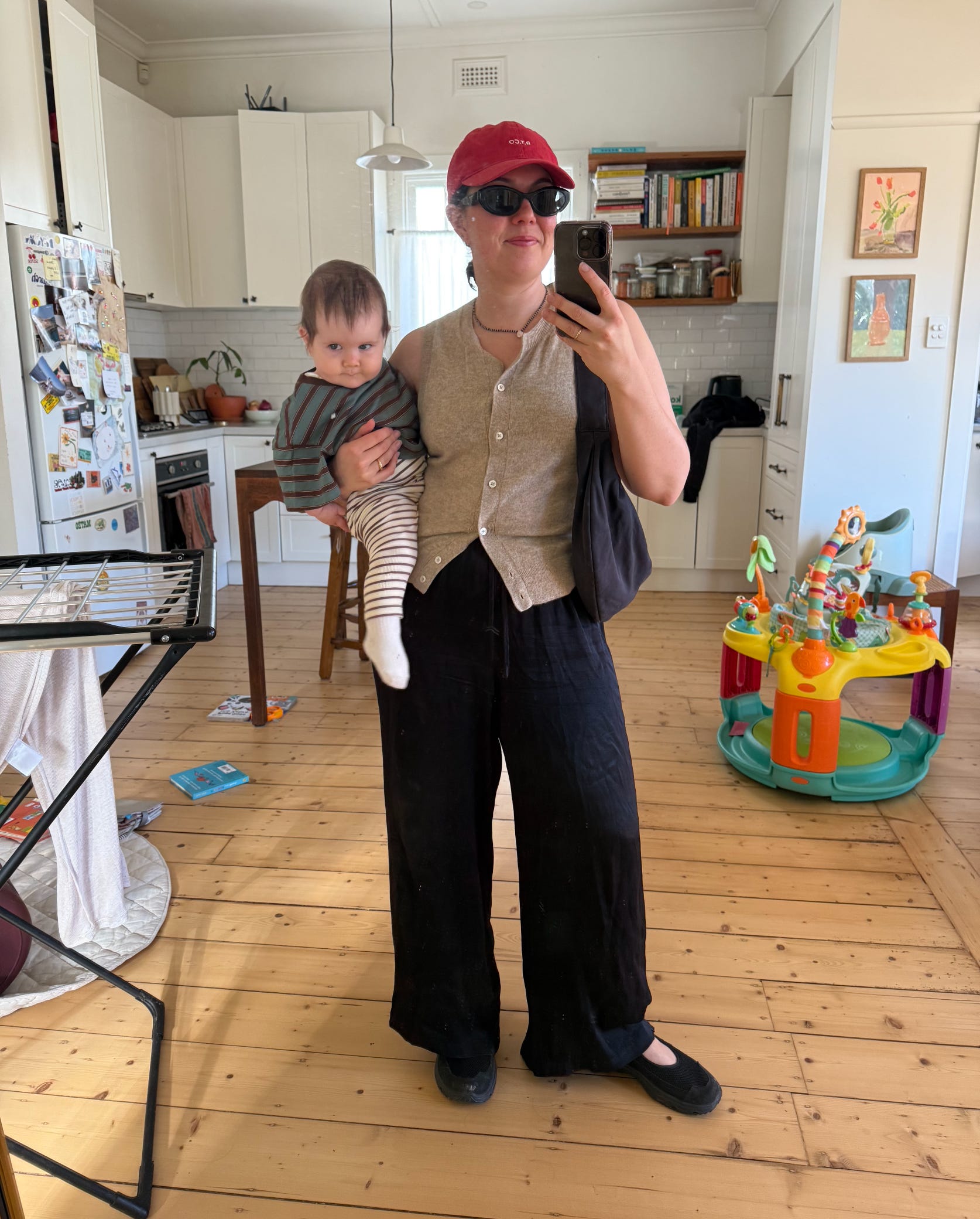 Sleeveless Cardigan with Wide-Leg Trousers and Cap — Postpartum Outfits