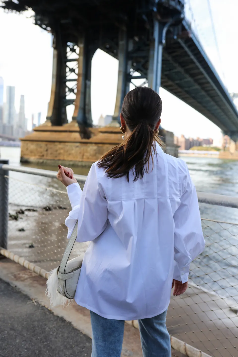 Oversized White Shirt with Feather Bag — Postpartum Outfits