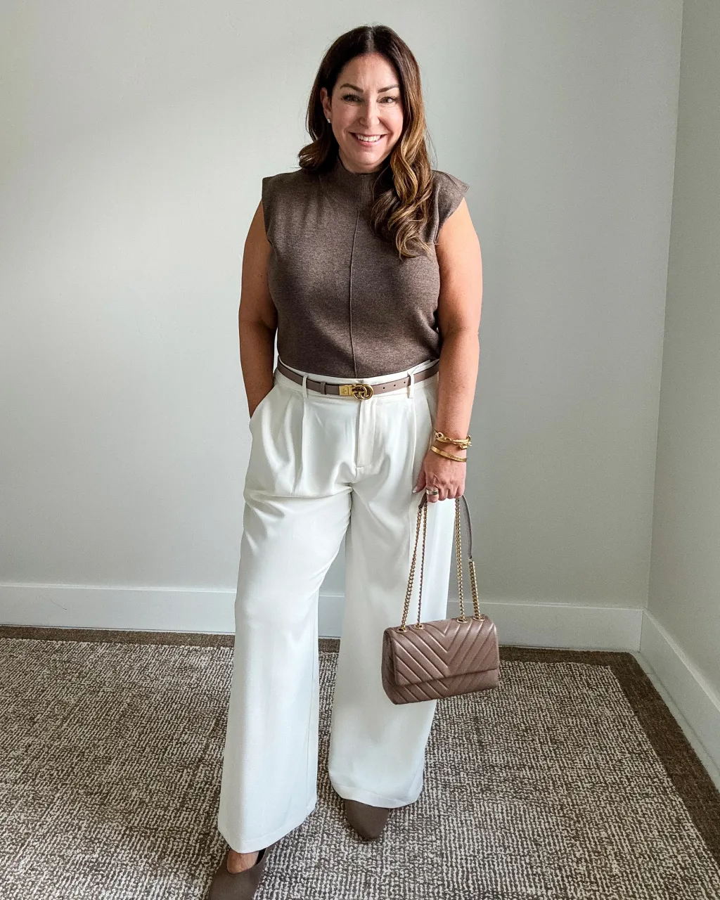 White Wide-Leg Trousers with Sleeveless Mock Neck Top — Business Professional Outfits
