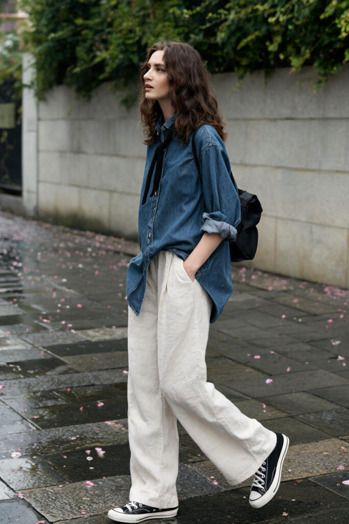 Oversized Denim Shirt with Velvet Detail and Linen Trousers Oversized Denim Shirt with Velvet Detail and Linen Trousers — College Outfits