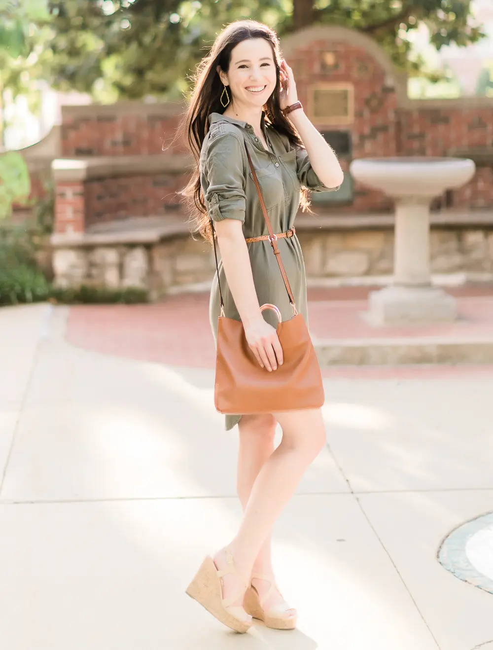Olive Green Shirt Dress with Wedge Sandals for a Casual Day Out Olive Green Shirt Dress with Wedge Sandals for a Casual Day Out — College Outfits