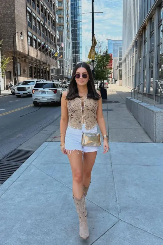 Crocheted Top and White Denim Shorts with Taupe Boots Crocheted Top and White Denim Shorts with Taupe Boots — Nashville Outfits