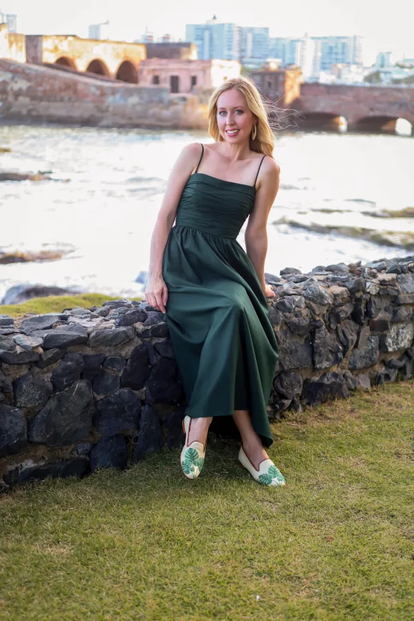 Ruched Green Dress with Leaf-Print Loafers for Resort Evenings — Hawaii Outfits
