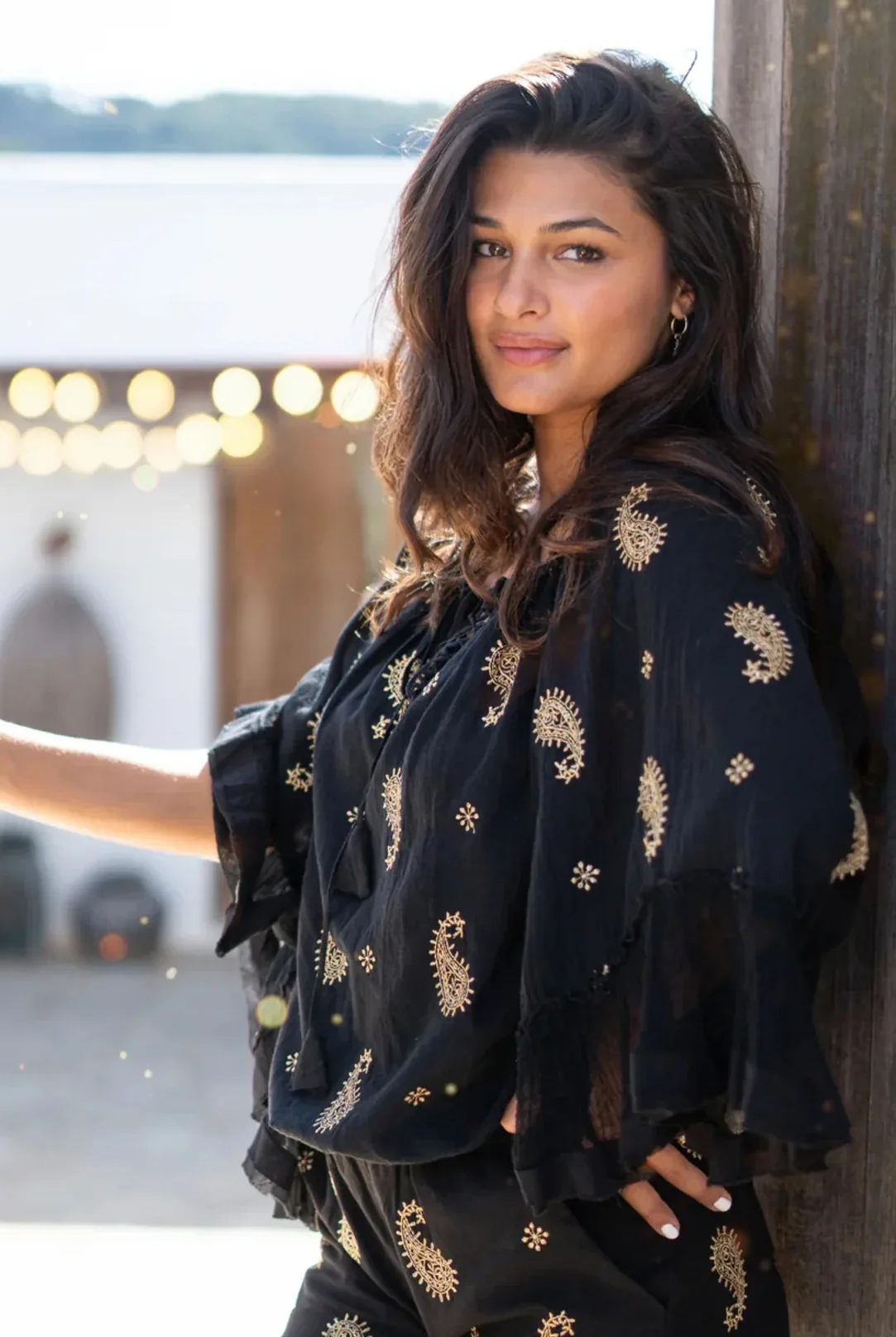 Embroidered Black Peasant Blouse with Relaxed Trousers for Boho Evenings — Ibiza Outfits