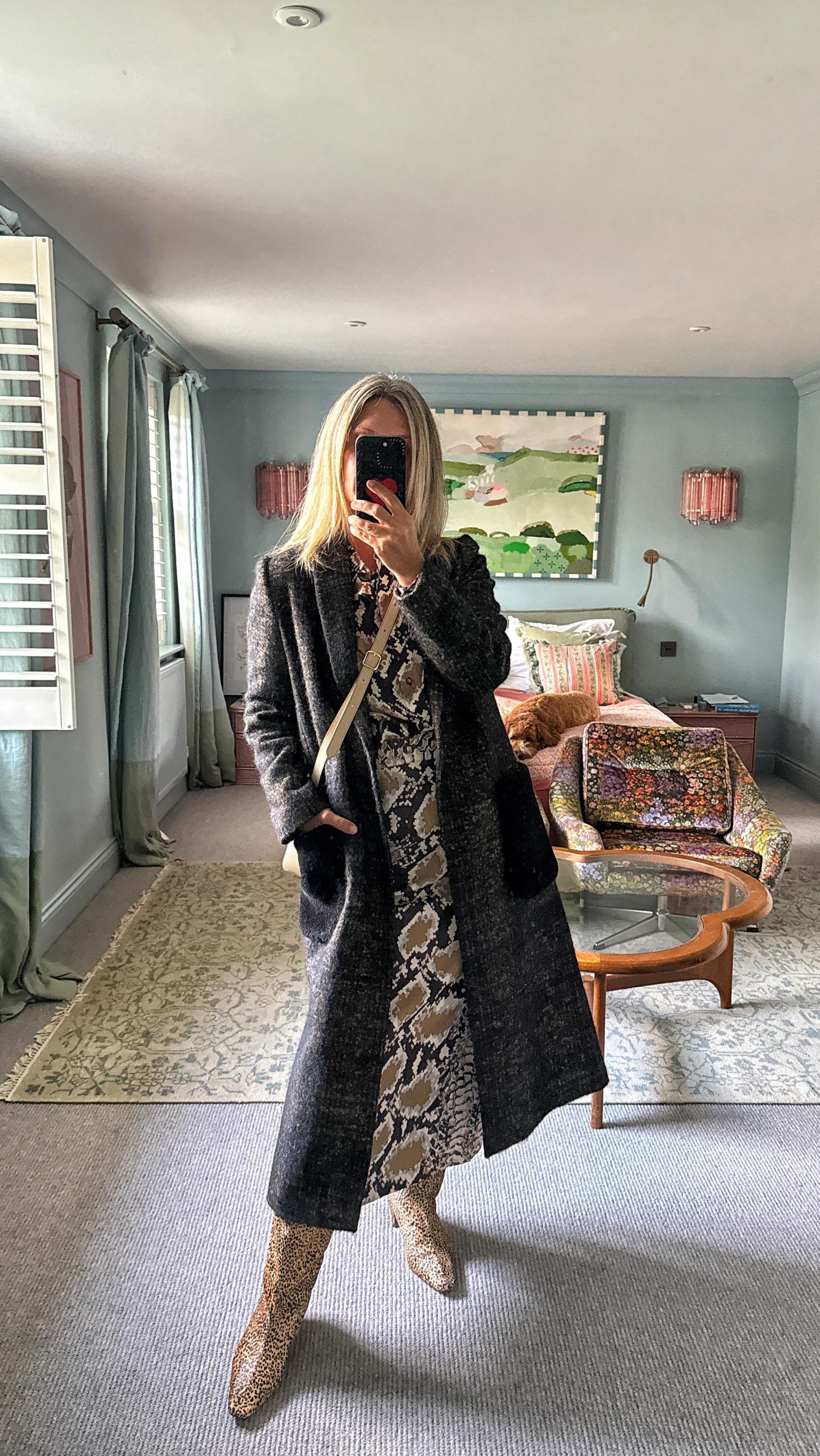 Snakeskin Midi Dress with Long Wool Coat: Elegant Fall/Winter Layering Snakeskin Midi Dress with Long Wool Coat: Elegant Fall/Winter Layering — Outfits for Women Over 40