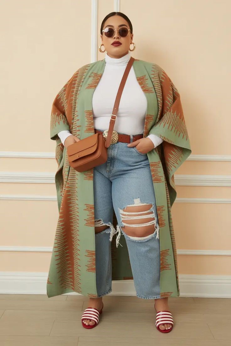 Patterned Kimono Duster Over Casual Basics Patterned Kimono Duster Over Casual Basics — Plus Size Outfits