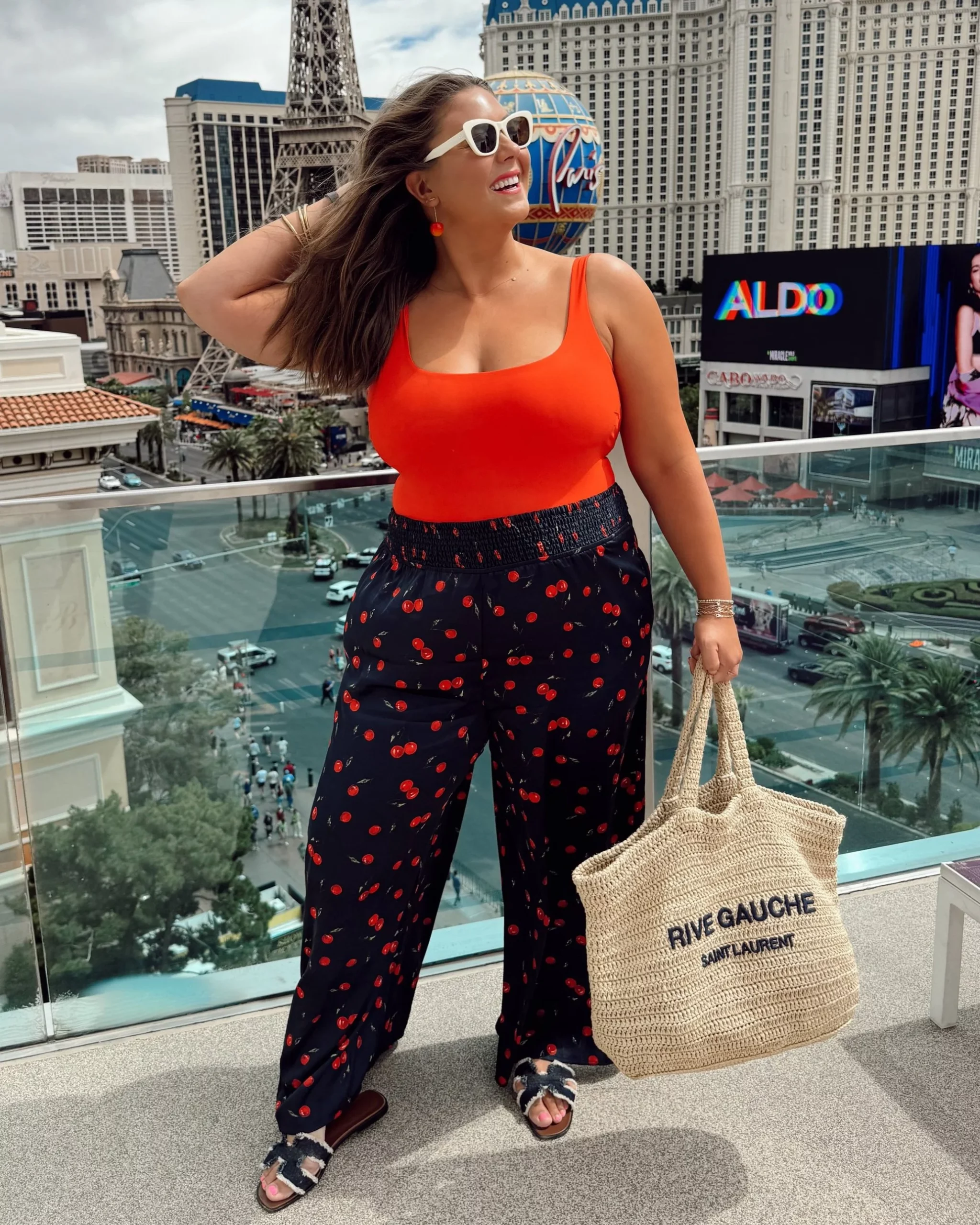 Orange Tank Top with Cherry Print Wide-Leg Pants — Curvy Outfits