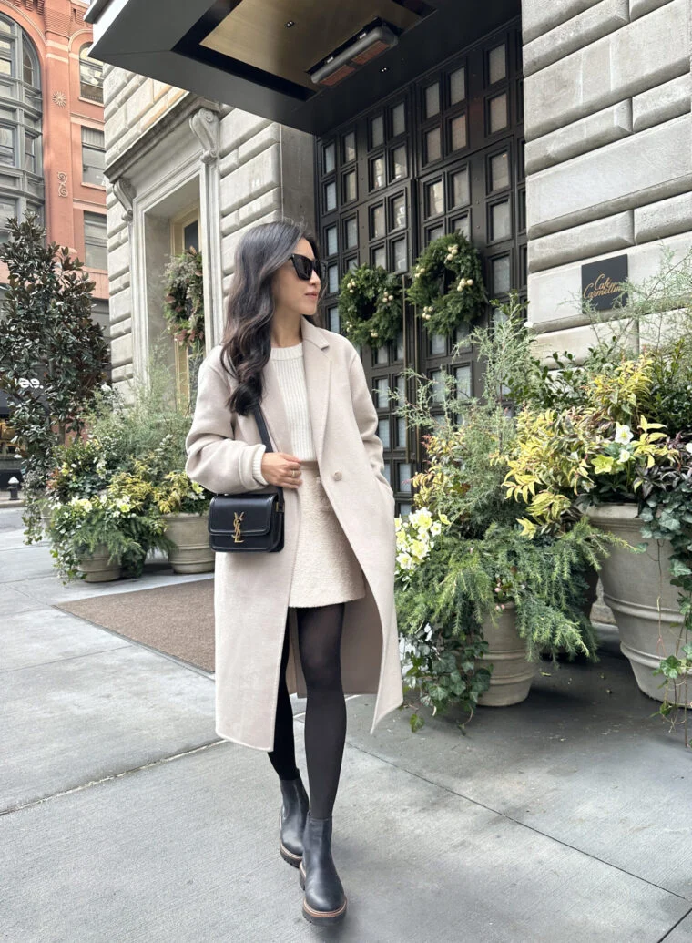 Textured Mini Skirt with Long Coat for Winter Textured Mini Skirt with Long Coat for Winter — Petite Outfits
