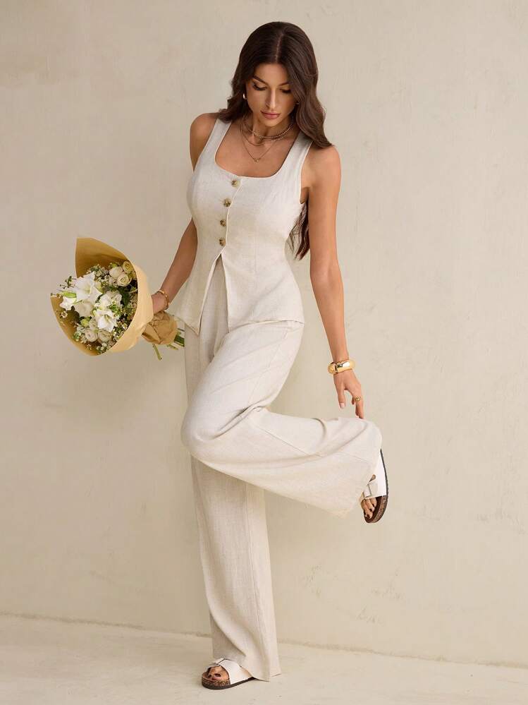 Relaxed Linen Set: Beige Tones Relaxed Linen Set: Beige Tones — Tall Women Outfits