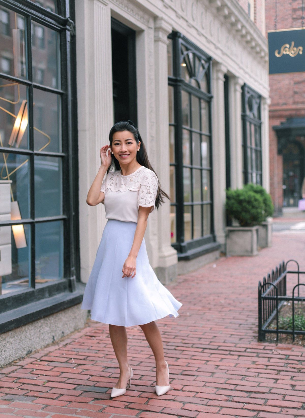 Cream Lace Top with Light Blue A-Line Skirt — Business Professional Outfits