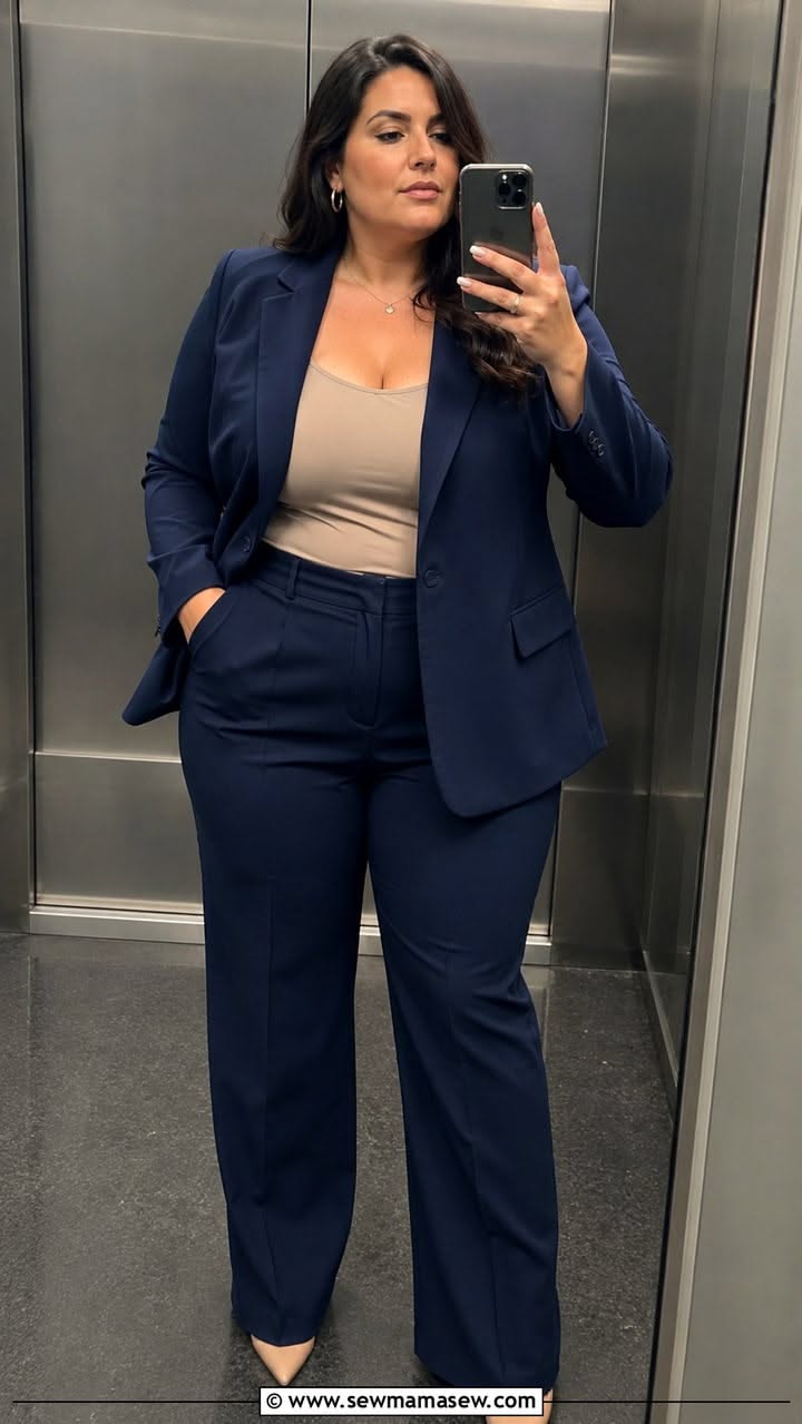 Sharp Navy Blue Suit with Beige Tank Top — Business Professional Outfits