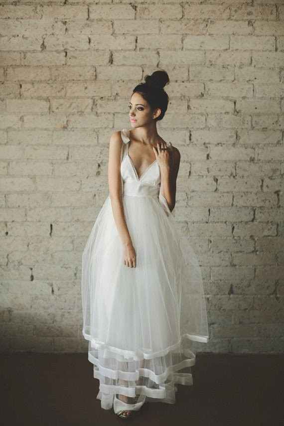 White Tulle A-Line Dress with Ribbon Details — Engagement Photo Dresses