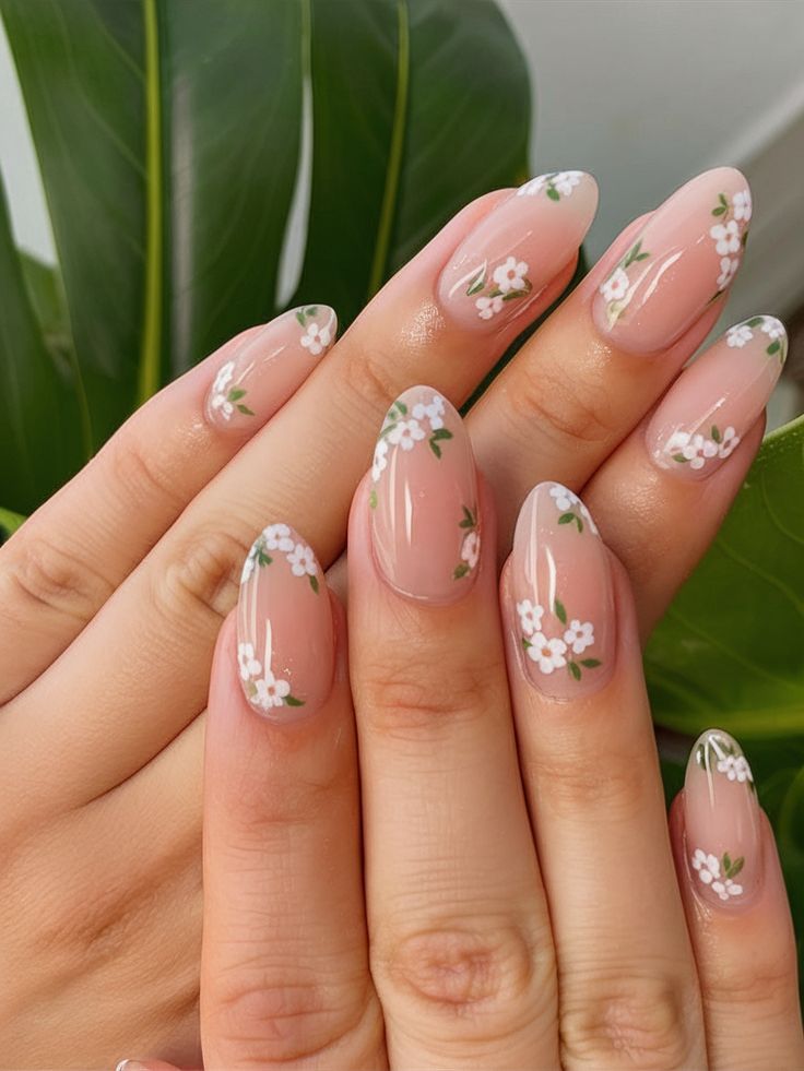 Delicate Floral Nude Almond Nails Delicate Floral Nude Almond Nails — Mom Nails