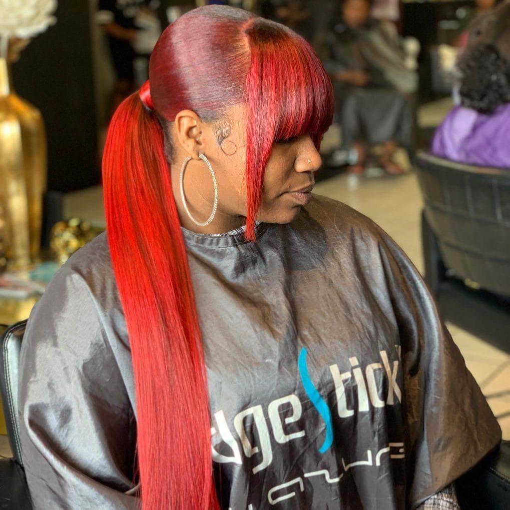 Vibrant Red Ponytail with Blunt Bangs — Ponytail with Bangs