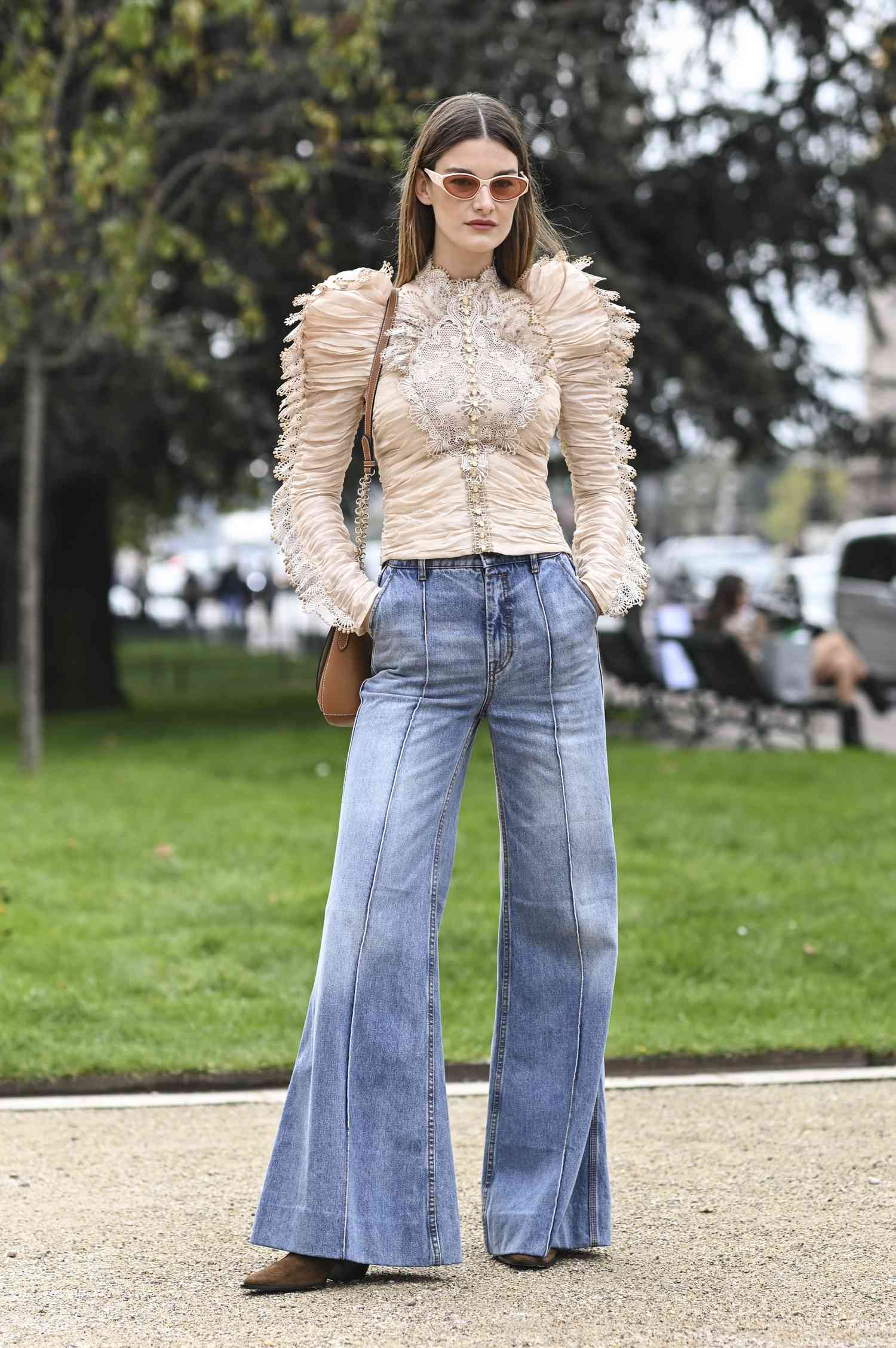 Elegant Cream Blouse Meets Light Wash Denim — Flare Jeans Outfits