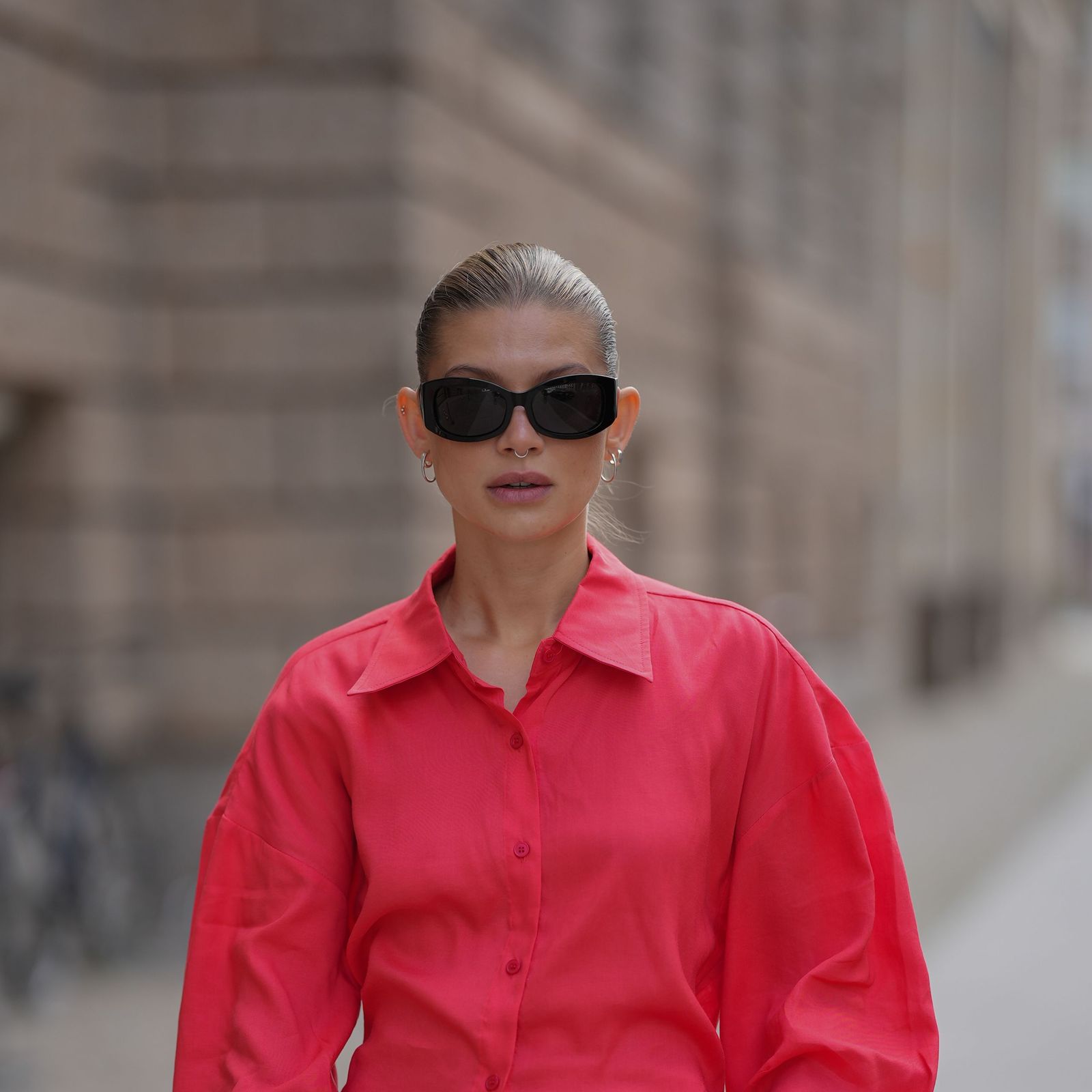 Vibrant Coral Oversized Shirt with Minimalist Accessories — Oversized Shirts