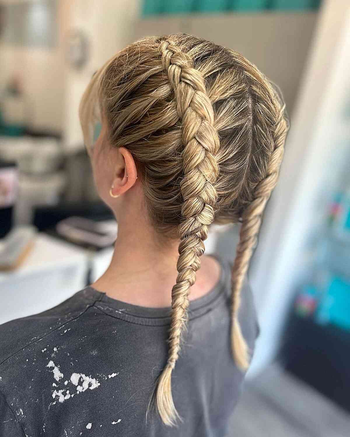 Shoulder Length Ash Blonde Dutch Braids Shoulder Length Ash Blonde Dutch Braids — Softball Hairstyles
