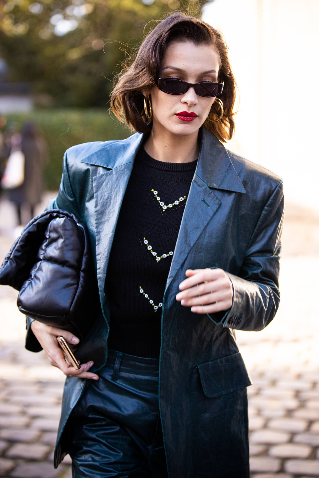 Edgy Ensemble: Leather Blazer, Pants, and Gold Hoops — Gold Hoops Outfits