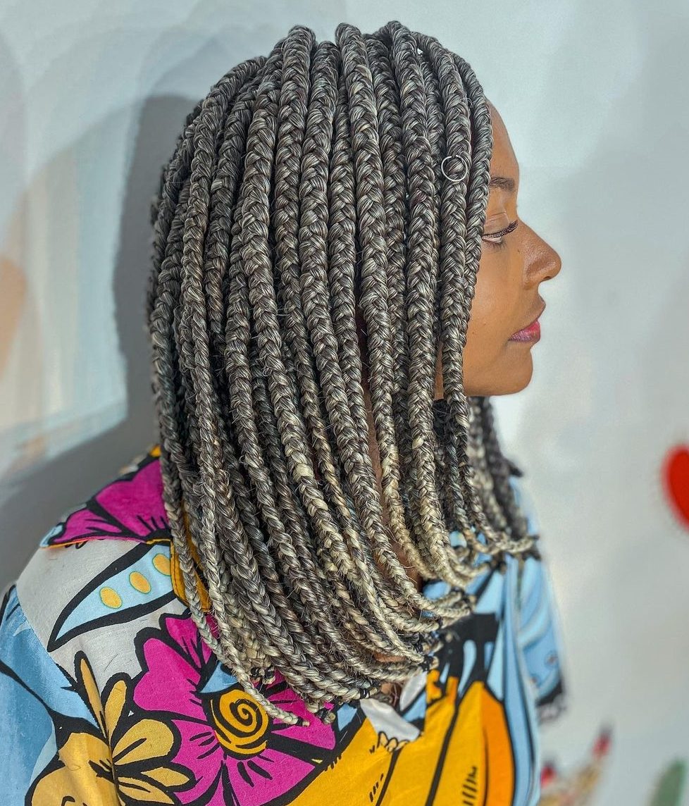 Shoulder-Length Grey Blonde Two-Tone Braids — Box Braids