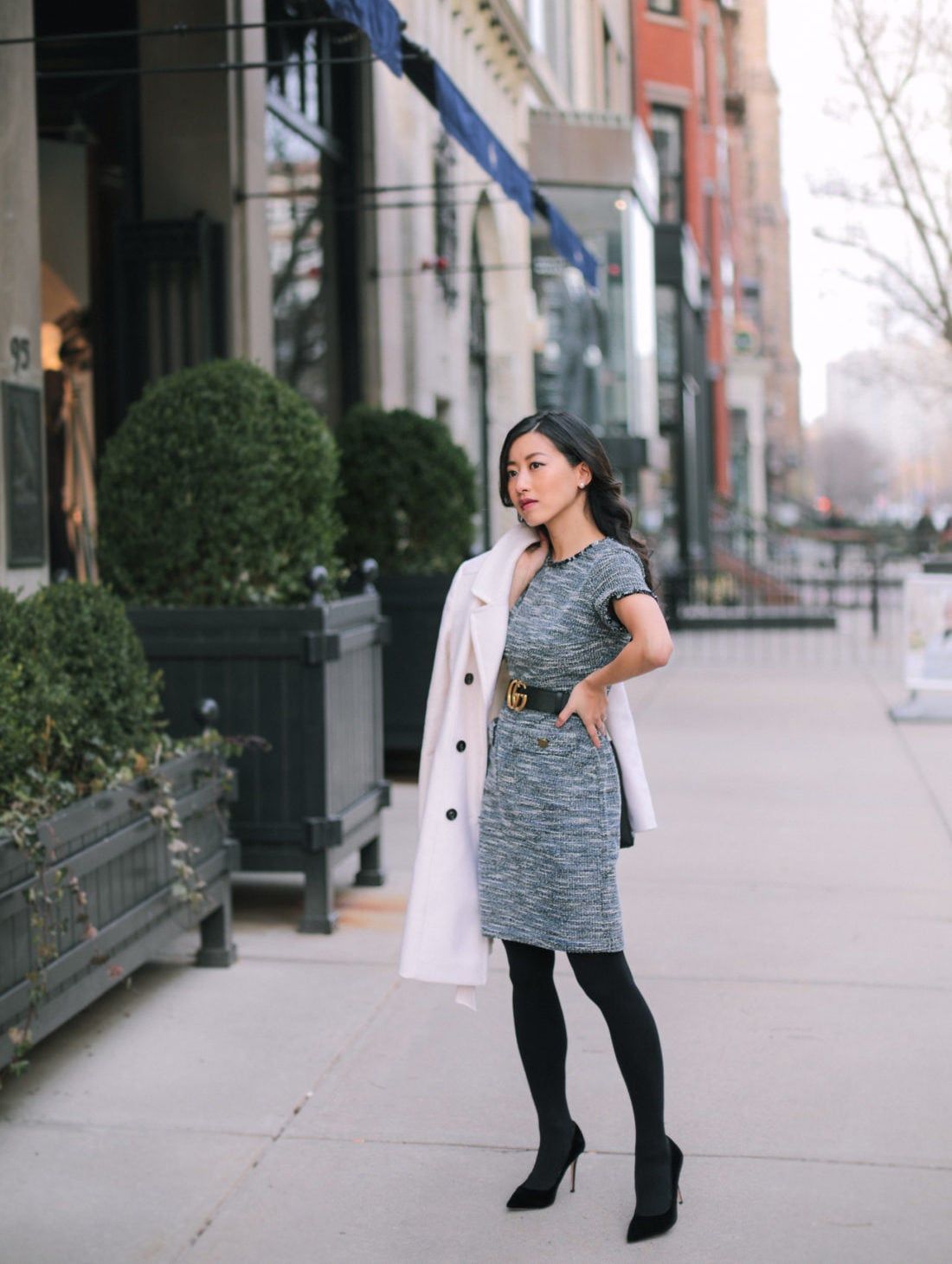 Workwear Elegance: Tweed Sheath Dress and White Coat Workwear Elegance: Tweed Sheath Dress and White Coat — Boston Outfits