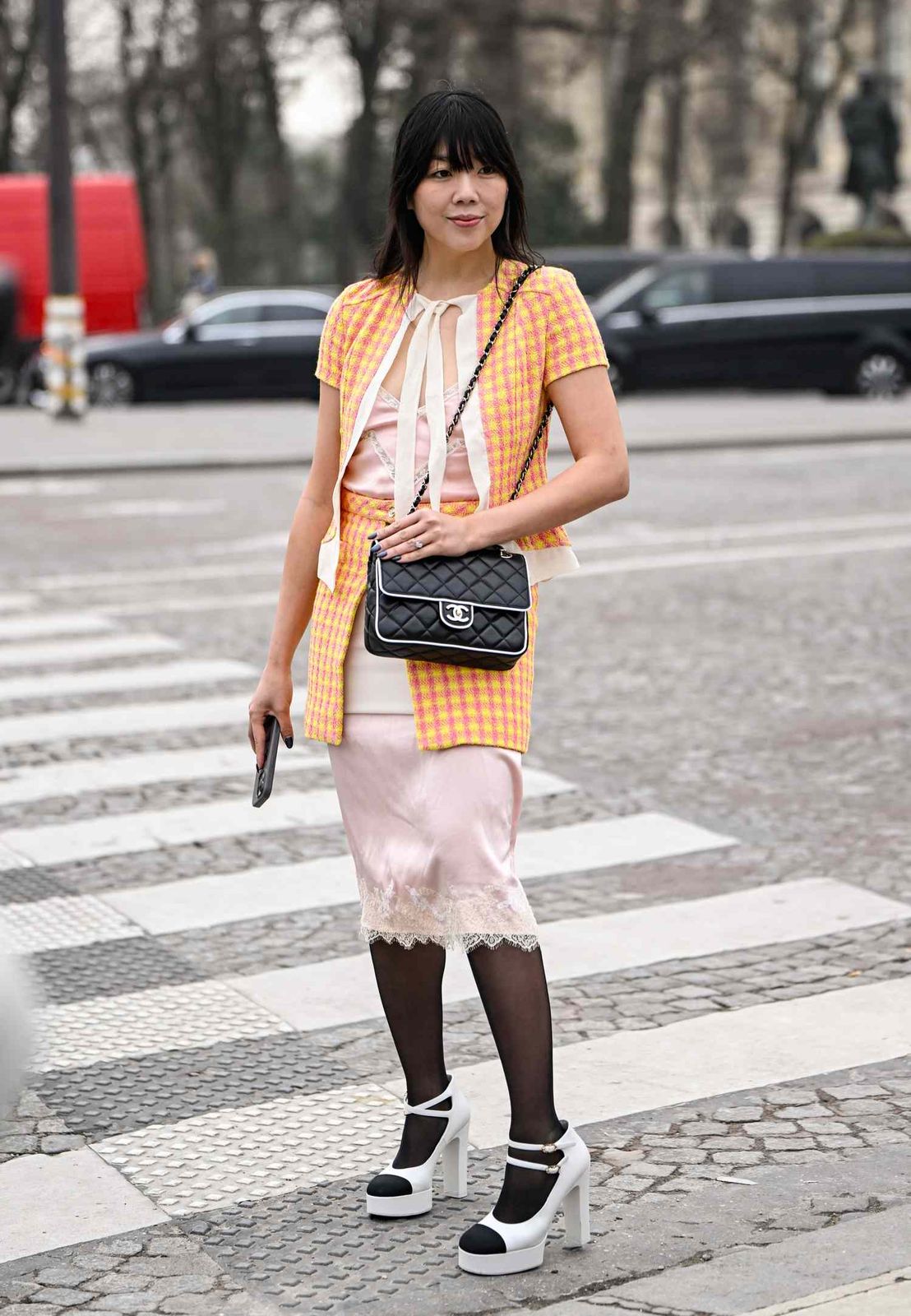 Chic Day Out with Checkered Jacket and Lace Slip Dress — Block Heels Outfits