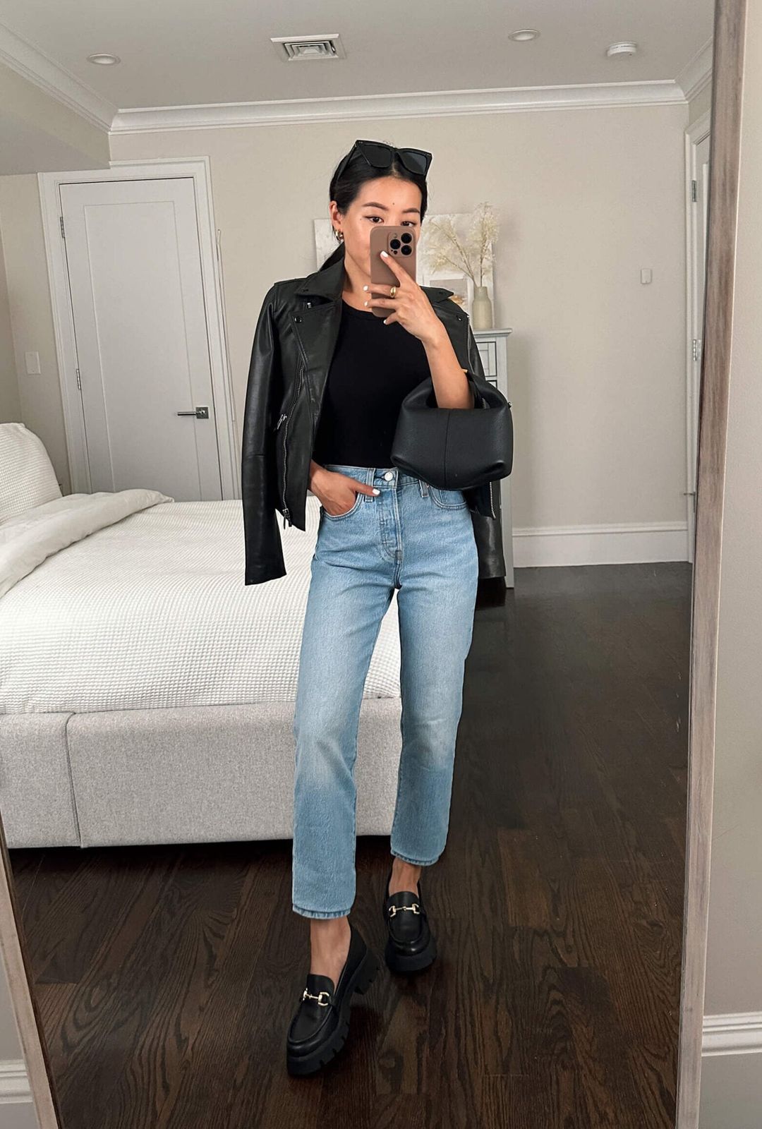Moto Jacket and Jeans with Gold Hardware Loafers — Chunky Loafers Outfits