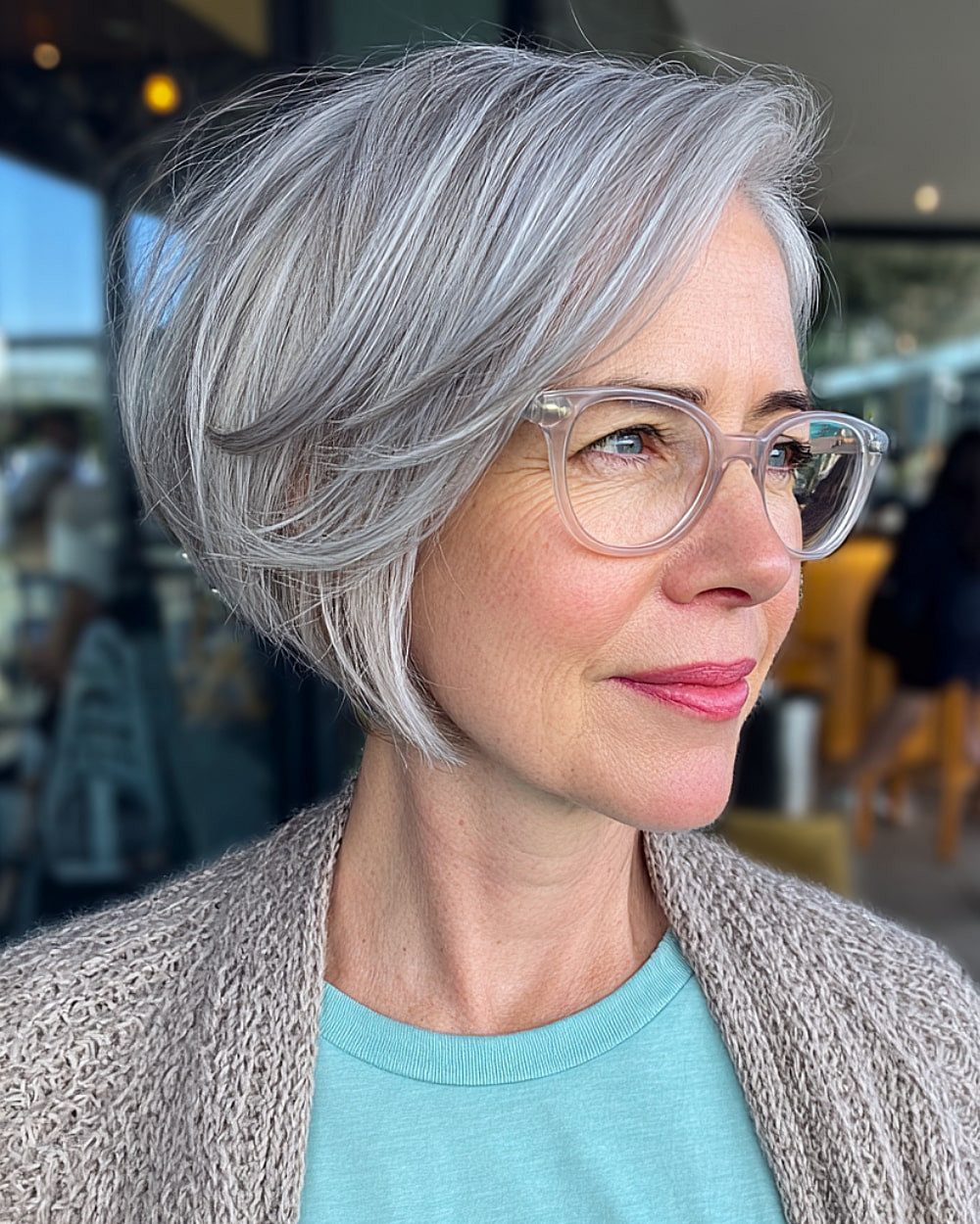 Grey Bob with Stacked Layers and Side Swept Bangs Grey Bob with Stacked Layers and Side Swept Bangs — Bob with Glasses