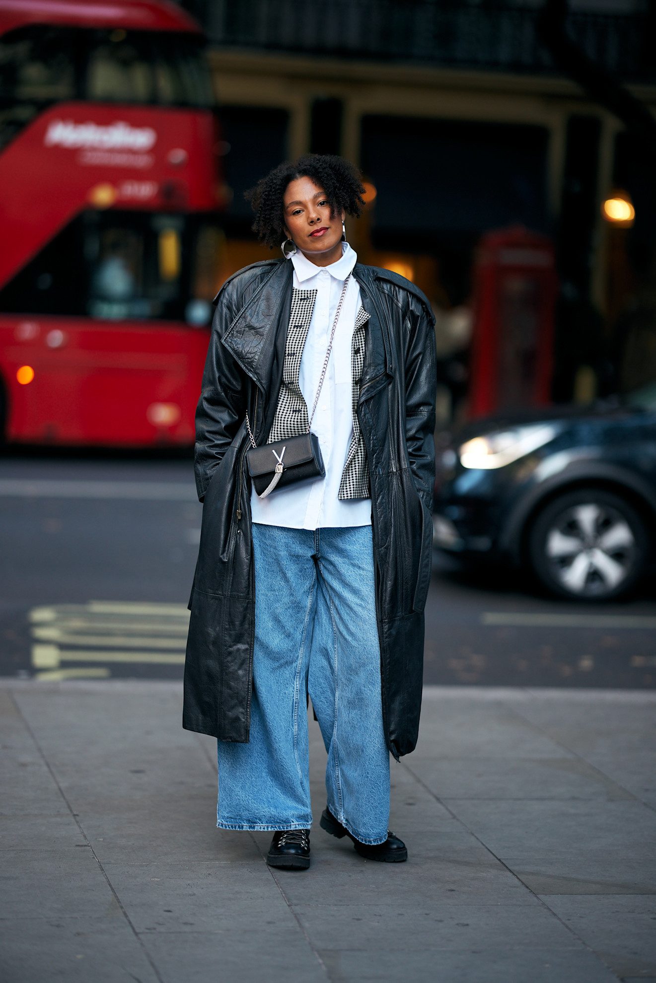 Oversized Black Leather Trench with Baggy Blue Jeans — Baggy Jeans