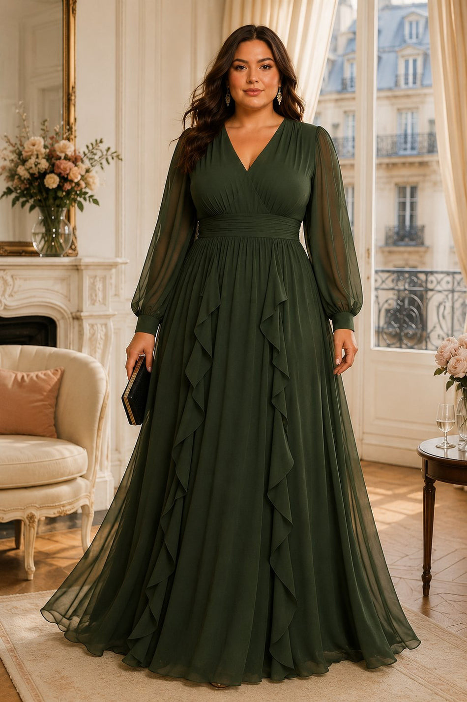 Chiffon Evening Gown with Ruched Bodice and Tiered Skirt Chiffon Evening Gown with Ruched Bodice and Tiered Skirt — Dresses to Hide Belly