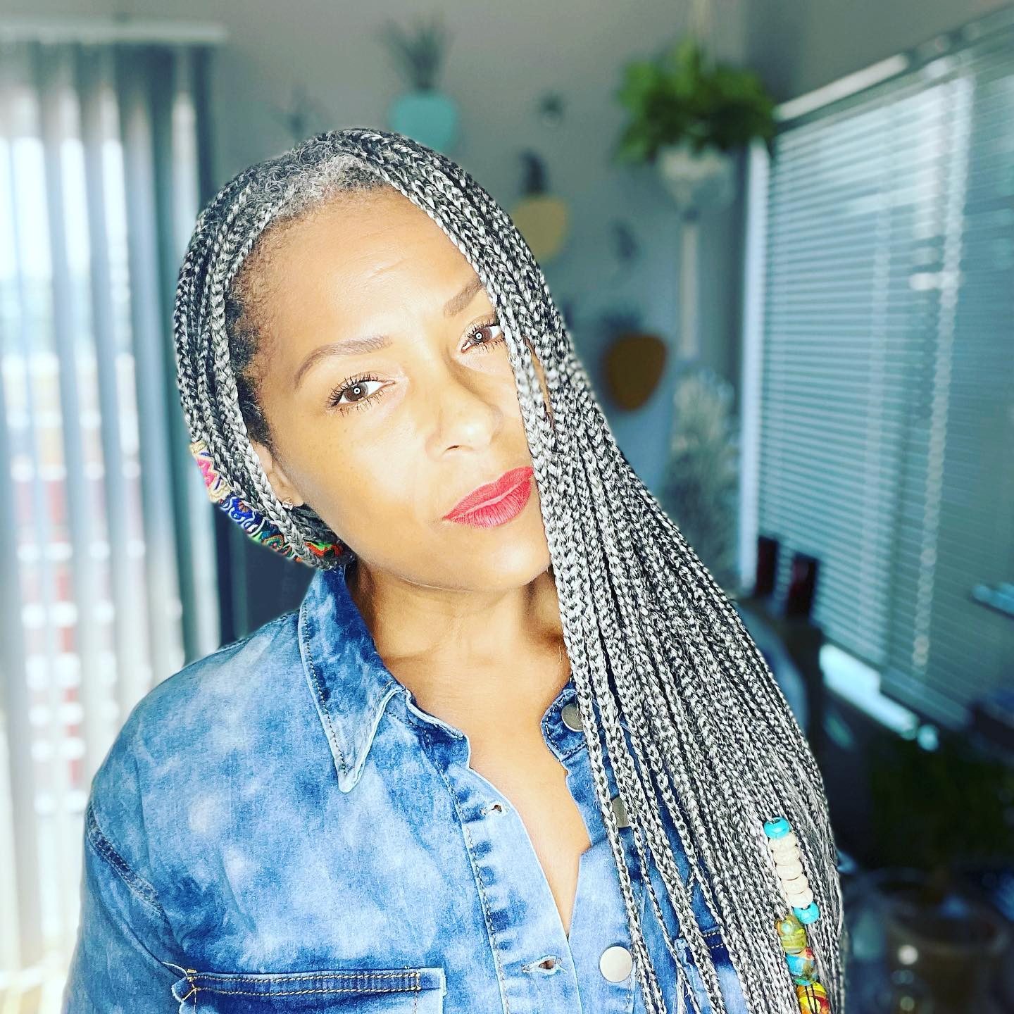 Long Thin Gray Box Braids With Adornments — Gray Braids