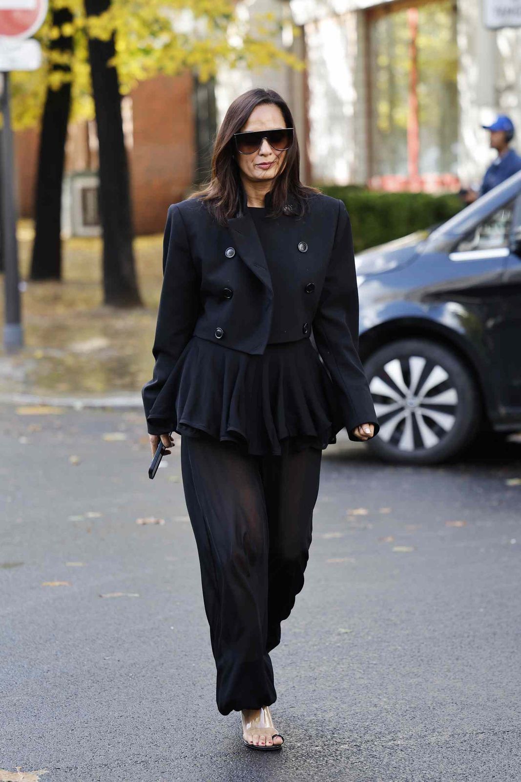 Monochromatic Black Peplum Jacket with Sheer Trousers — Peplum Top Outfits