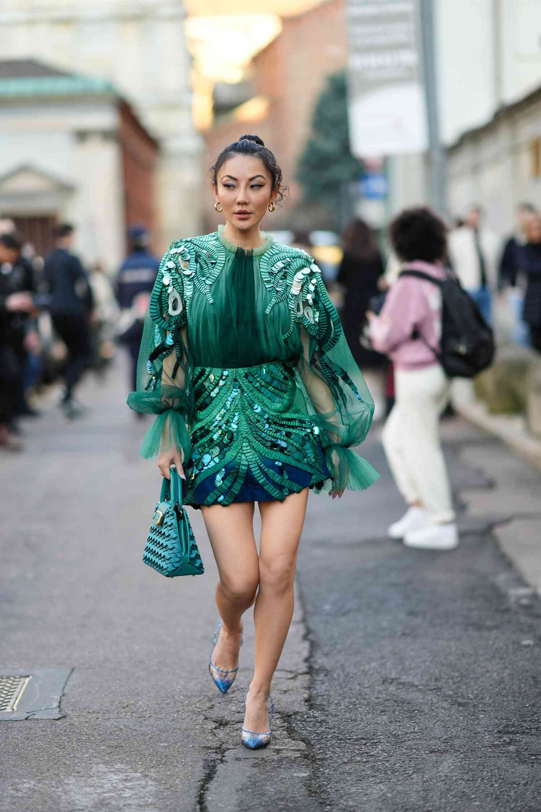 Emerald Green Sequined Mini Dress with Embellished Tulle Sleeves Emerald Green Sequined Mini Dress with Embellished Tulle Sleeves — Cocktail Attire Outfits