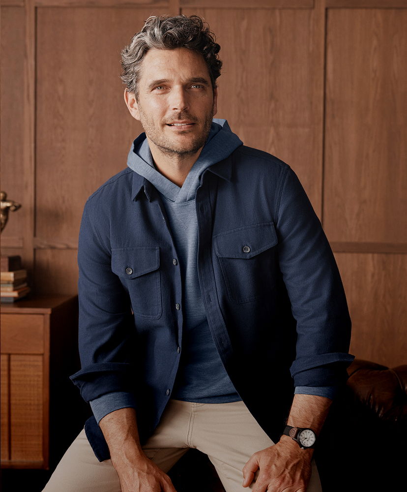 Navy Utility Shirt Over Light Blue Hoodie Navy Utility Shirt Over Light Blue Hoodie — Outfits for Men Over 50
