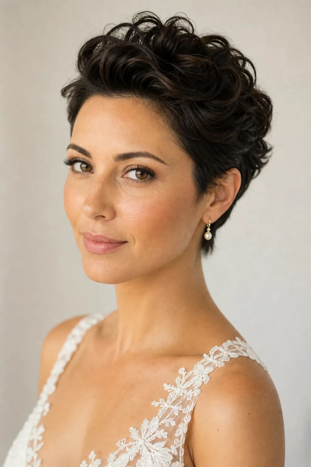 Voluminous Curly Dark Brown Pixie — Wedding Hairstyles for Short Hair