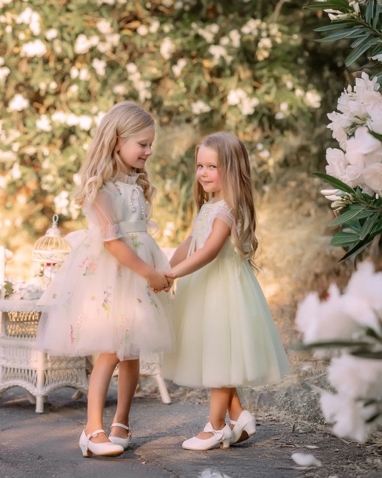 Ivory Tulle Dress with Puff Sleeves and Floral Embroidery Ivory Tulle Dress with Puff Sleeves and Floral Embroidery — Flower Girl Dresses