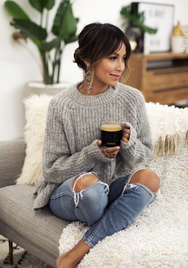 Distressed Denim and Oversized Knit Sweater: The Epitome of WFH Comfort Distressed Denim and Oversized Knit Sweater: The Epitome of WFH Comfort — Work From Home Outfits