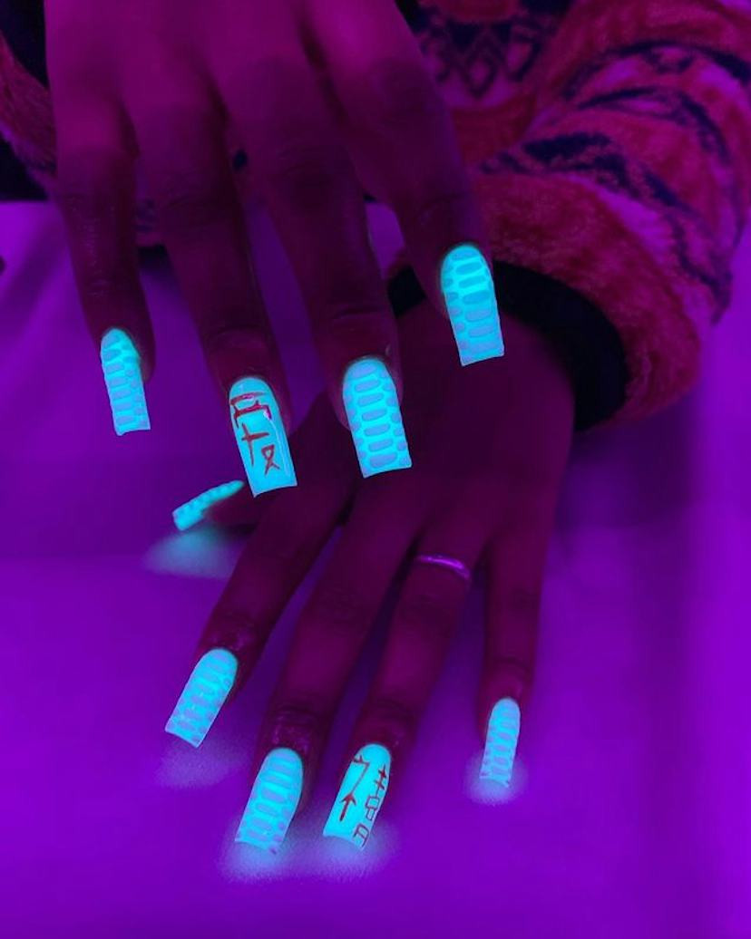 Glowing Cyan Symbols Long Squares Glowing Cyan Symbols Long Squares — Glow in the Dark Nails