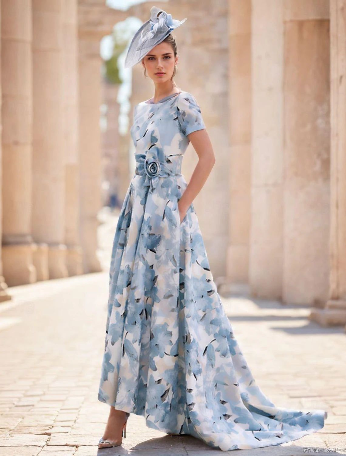Blue and White Floral Chiffon Dress with Matching Hat Blue and White Floral Chiffon Dress with Matching Hat — Mother of the Bride Dresses
