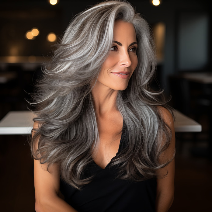 Voluminous Mid-Back Salt and Pepper Waves — Transitioning to Gray Hair
