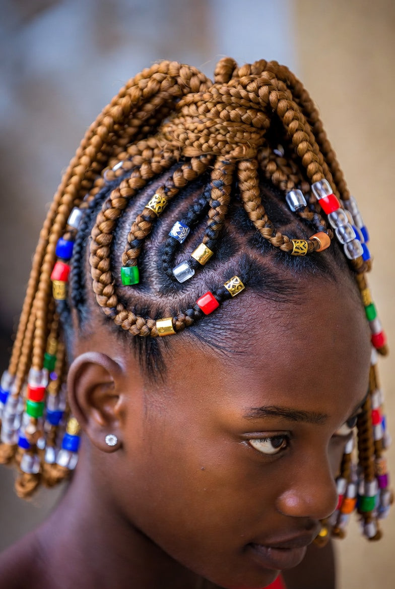 Brown and Black Braids with Colorful Beads — Fulani Braids with Beads