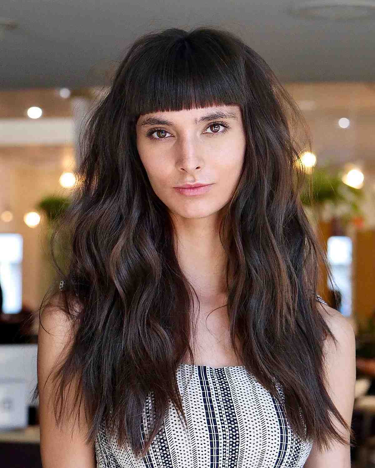 Dark Brown With Blunt Bangs Volume — Long Hair with Bangs