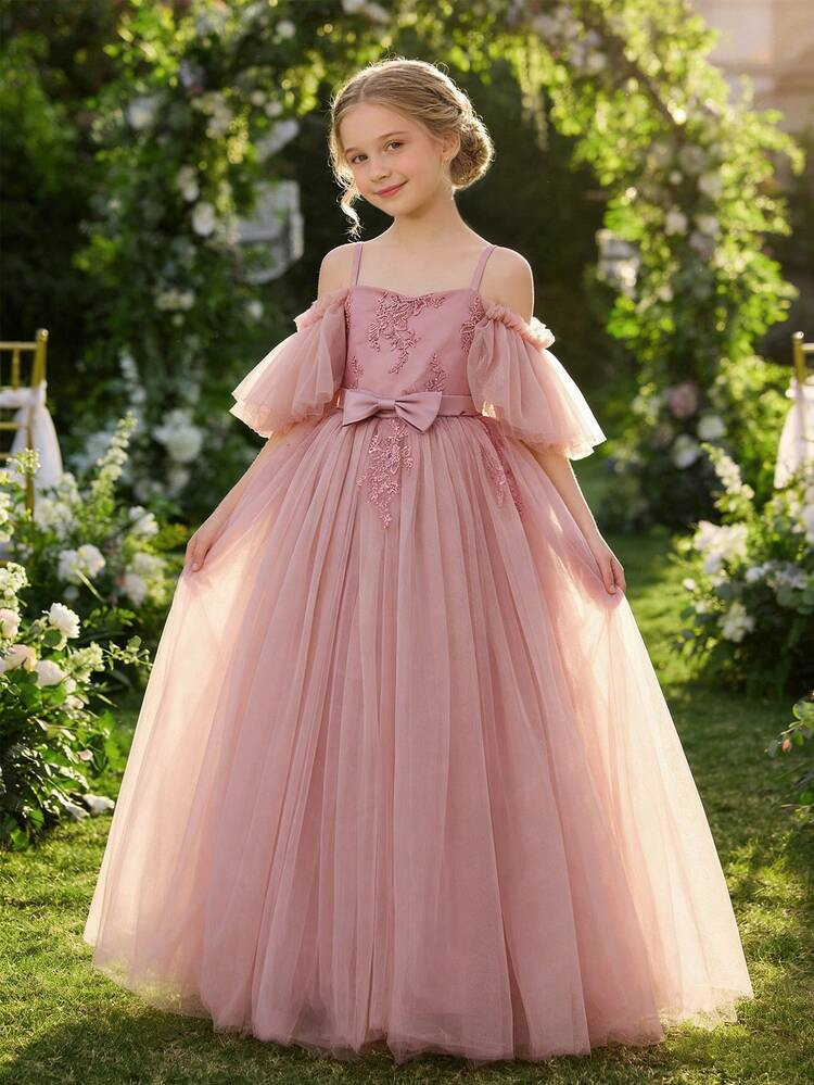 Dusty Pink Tulle Ballgown with Off-the-Shoulder Sleeves — Tween Dresses