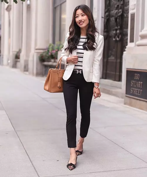 Business Casual: White Blazer with Striped Tee and Black Trousers — Black and White Outfits