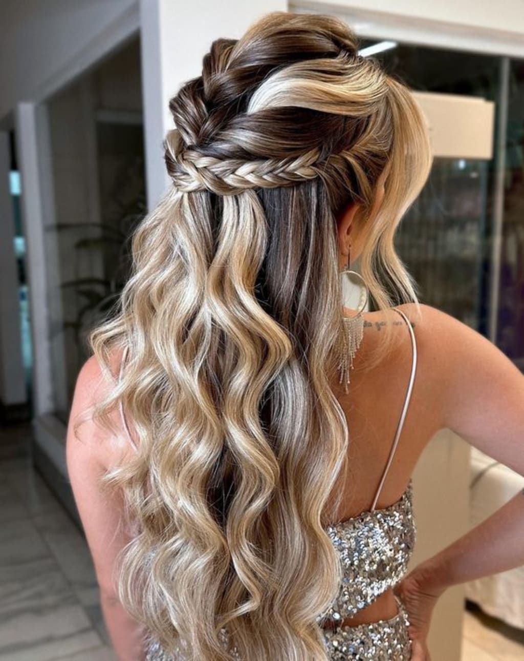 Braided Crown Dark Brown Blonde Highlights Braided Crown Dark Brown Blonde Highlights — Half Up Half Down Long Hair