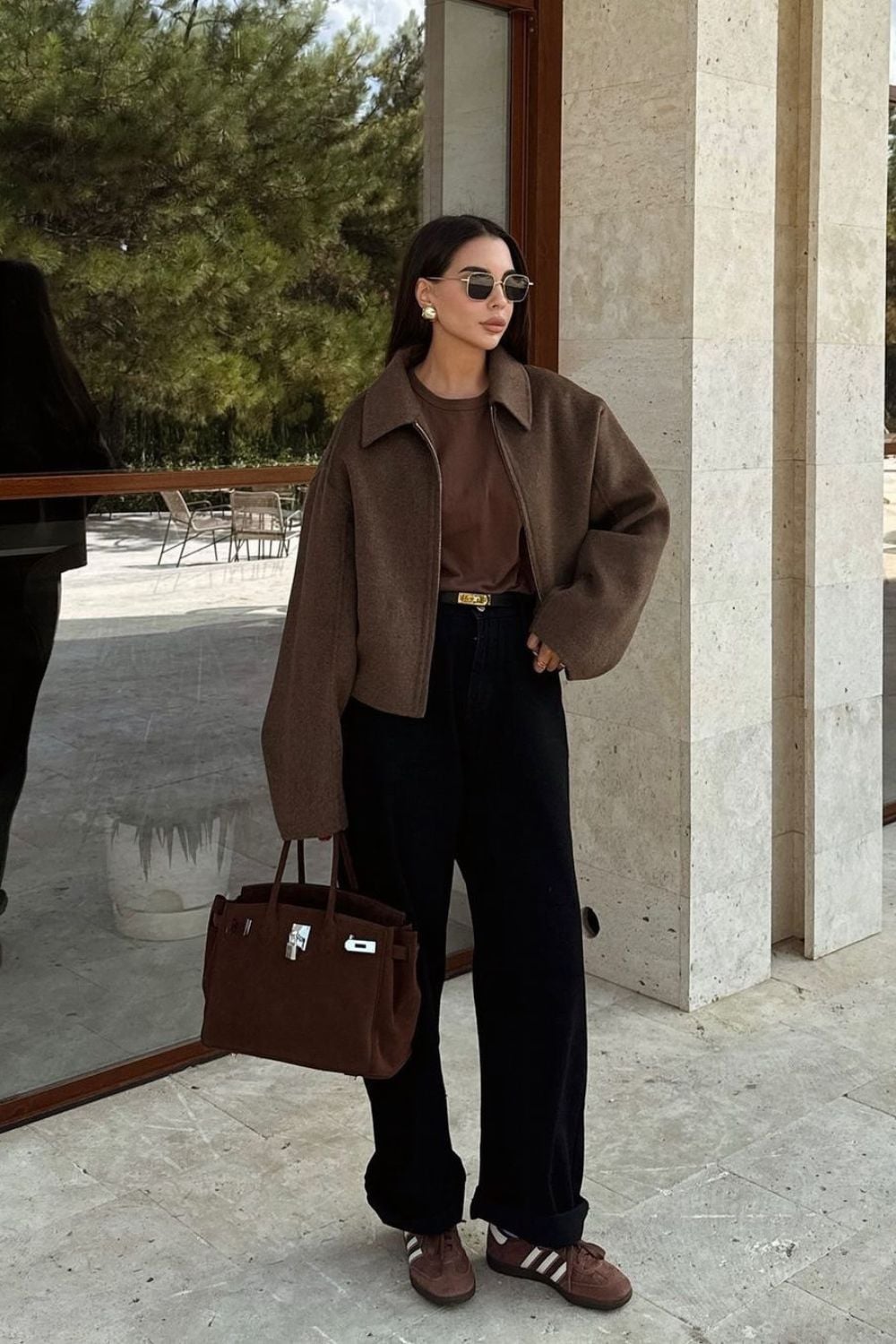 Brown Cropped Jacket and Wide-Leg Black Pants Brown Cropped Jacket and Wide-Leg Black Pants — Black and Brown Outfits