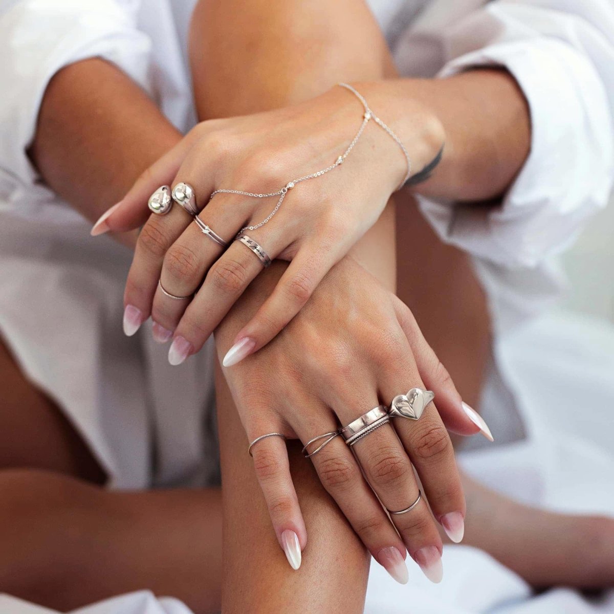Silver Hand Chain Bracelet with Stacked Rings Silver Hand Chain Bracelet with Stacked Rings — Silver Jewelry