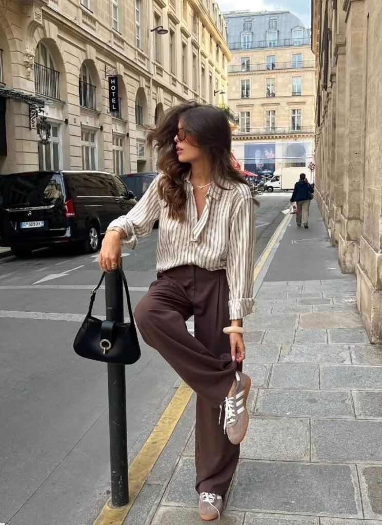Brown Adidas Spezial Sneakers with Wide-Leg Trousers and Striped Shirt Brown Adidas Spezial Sneakers with Wide-Leg Trousers and Striped Shirt — Adidas Spezial Outfits