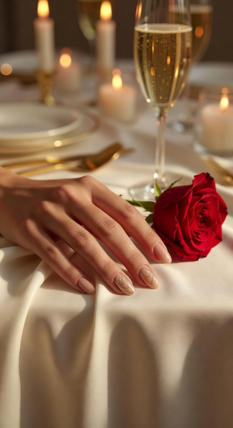 Gold Foil Heart Short Almond Nails — Anniversary Nails