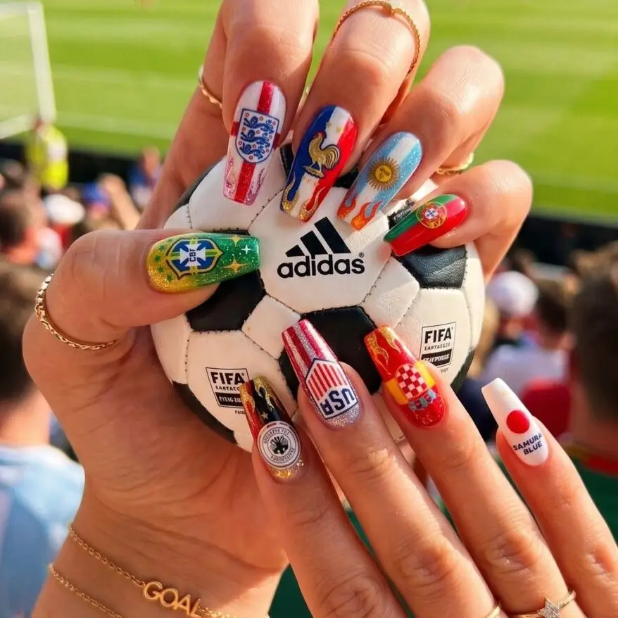 Long Stiletto National Flags and Glitter Long Stiletto National Flags and Glitter — Soccer Nails
